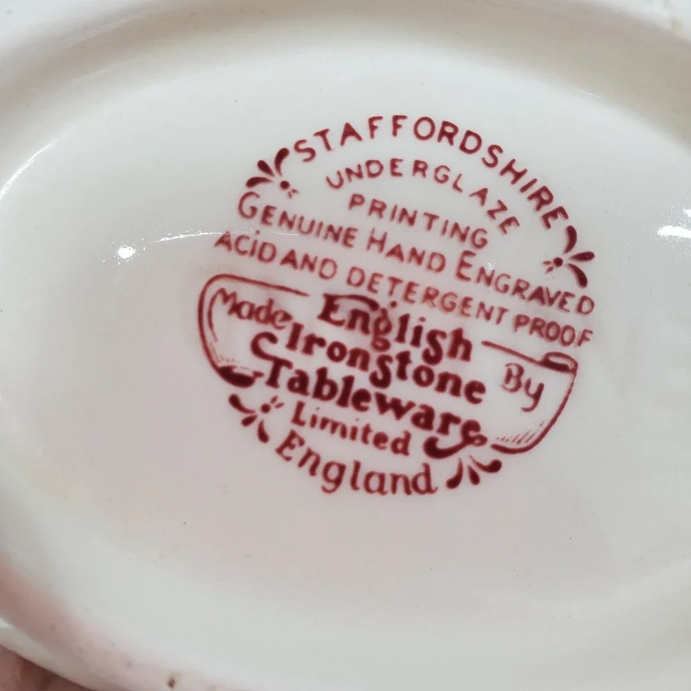English Ironstone Tableware Provence Red Floral Gravy Boat & Underplate Set of 2